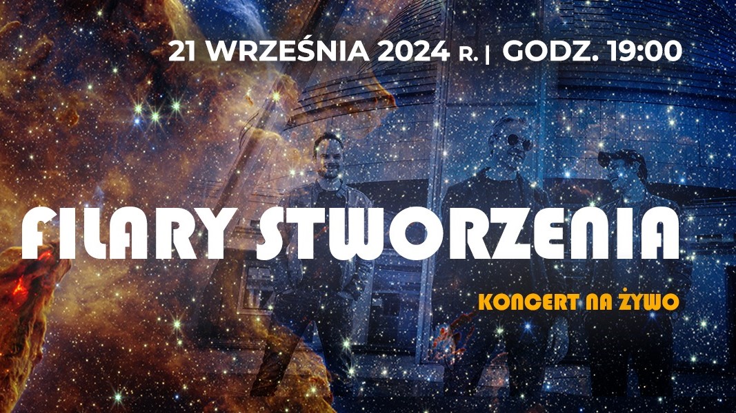 Na tle nieba z gwiazdami zarys sylwetek ludzi oraz białe napisy w części centralnej