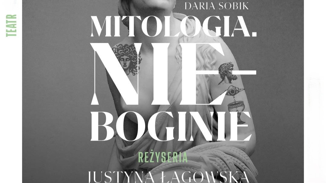 na szarym tle białe napisy, na drugim planie widok rzeźby z białego marmuru